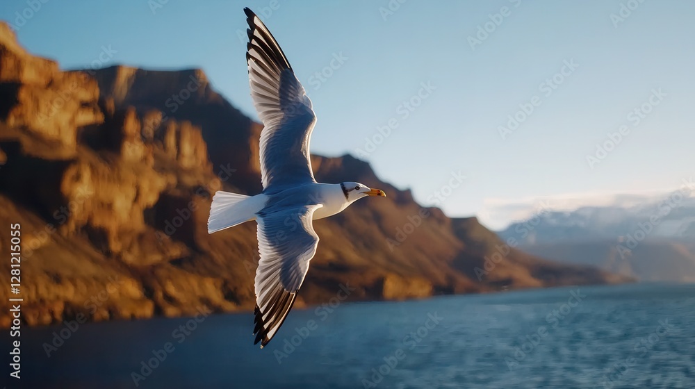 Naklejka premium Seagull Flying Over Serene Mountain Lake at Sunset Time