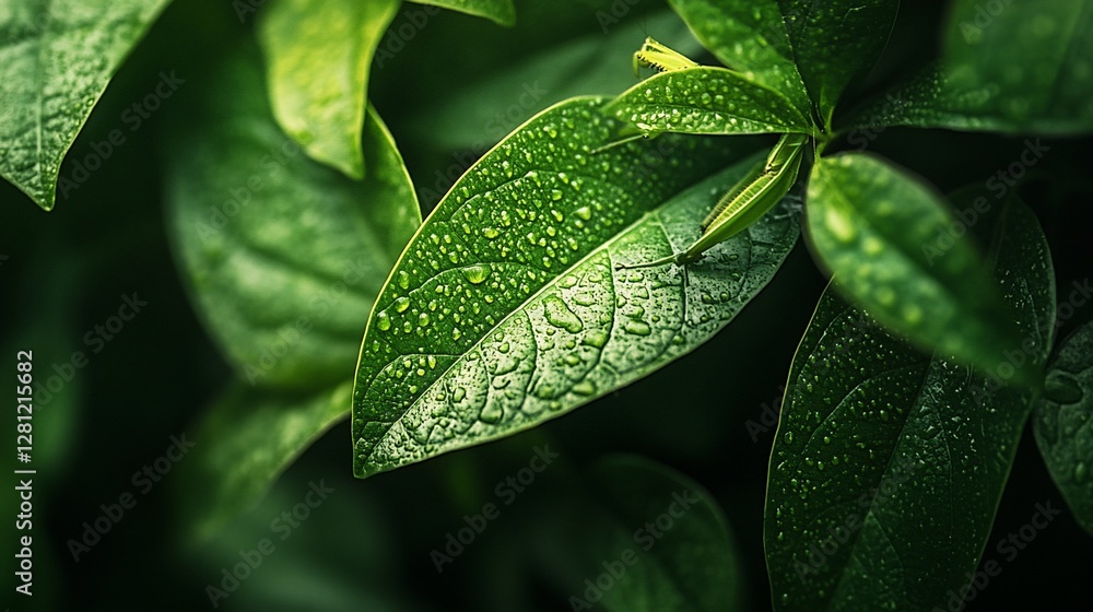 Close-up of fresh, vibrant green leaves covered in morning dew. Close-up of fresh, vibrant green leaves covered in morning dew.