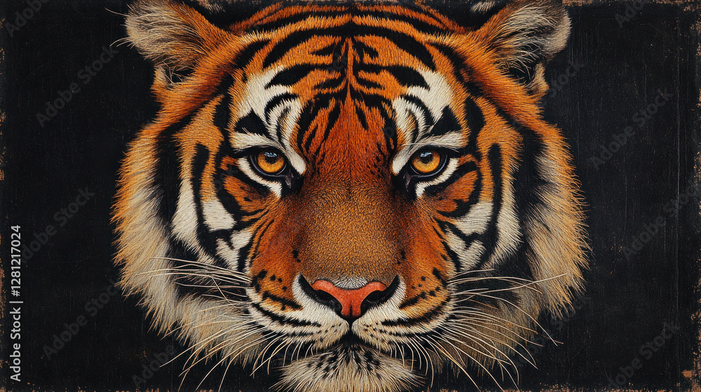 Naklejka premium Animal print wallpaper with bold tiger stripes in orange and black, exuding a wild aesthetic