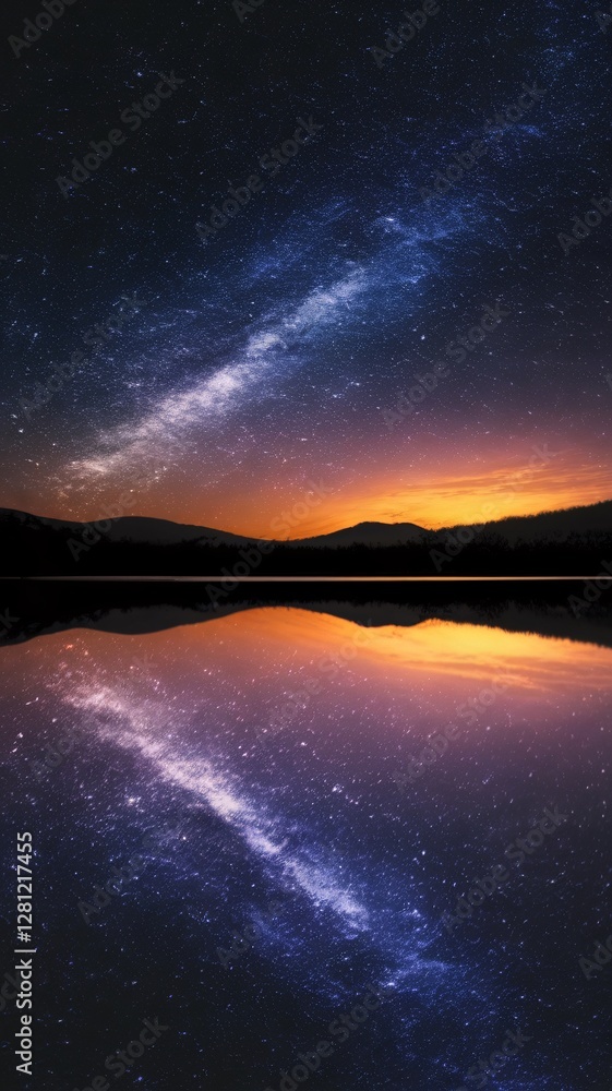 Obraz premium A beautiful night sky with a large body of water in the foreground. The sky is filled with stars and the water is reflecting the stars. The scene is serene and peaceful, with the stars and water creat