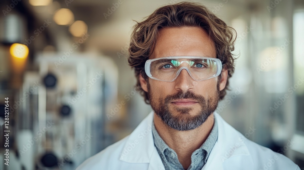 Fototapeta premium portrait of confident scientist in white lab coat with protective eyewear surrounded by blurred laboratory equipment