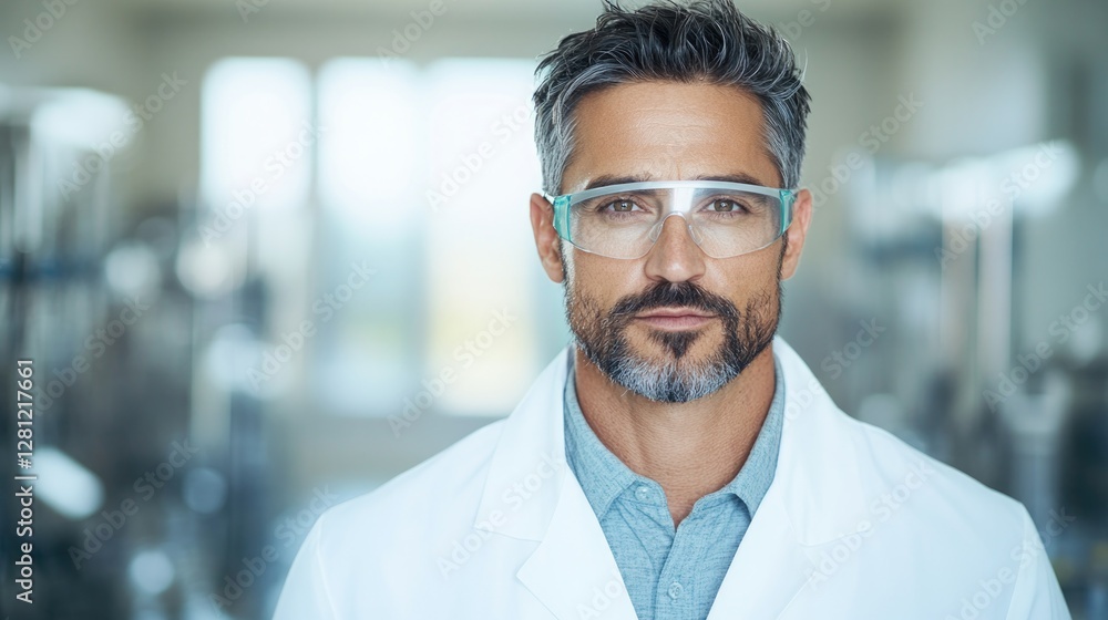 portrait of confident scientist in white lab coat with protective eyewear surrounded by blurred laboratory equipment portrait of confident scientist in white lab coat with protective eyewear surrounded by blurred laboratory equipment