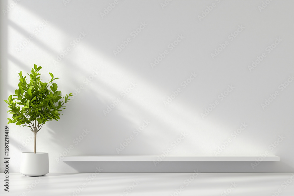 Obraz premium A white wall with a shelf and a potted plant on it