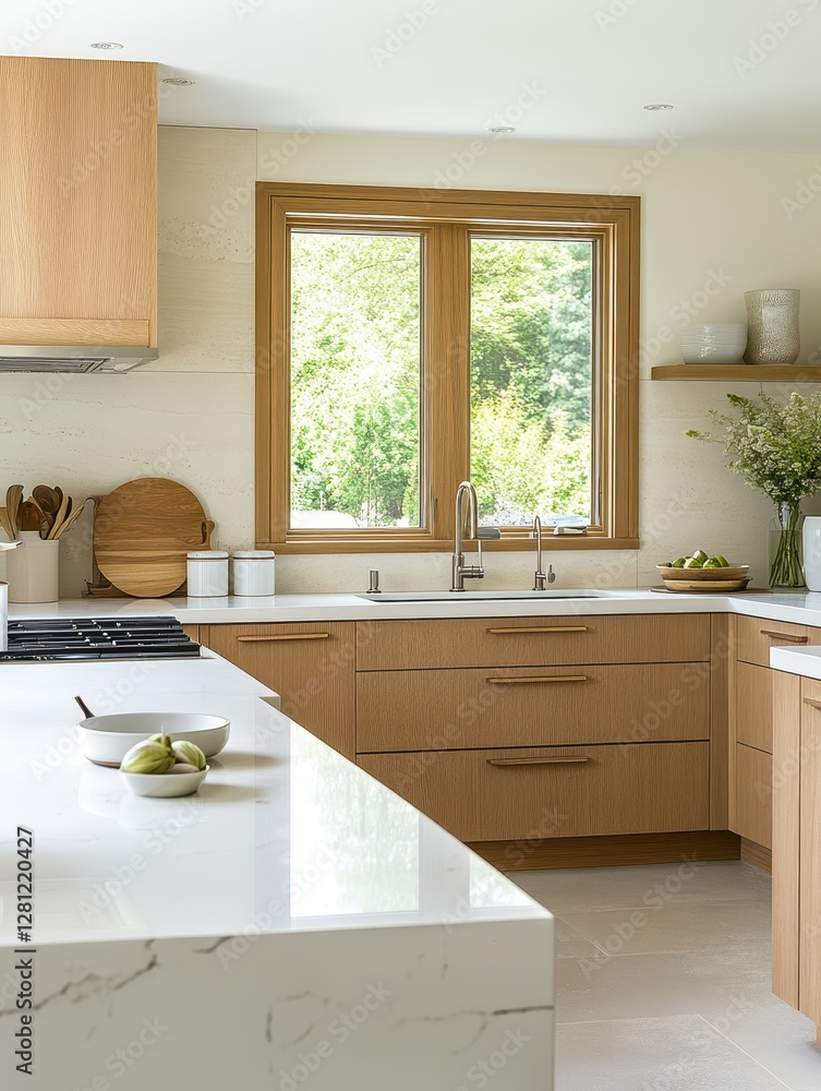 Fototapeta premium Modern kitchen with a minimalist aesthetic and natural accents