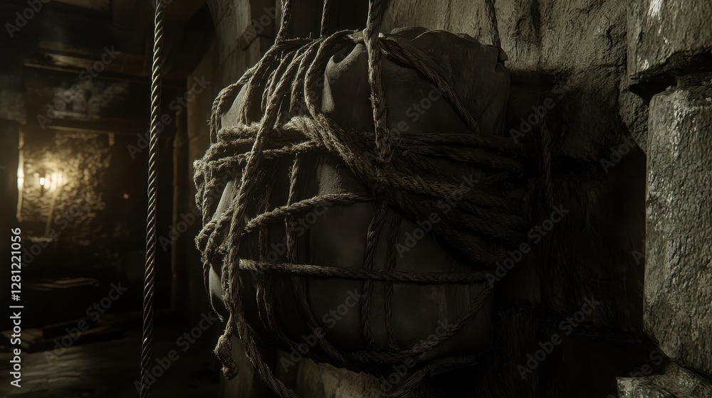 Suspended Heavy Bundle Wrapped in Rope in Dark Dungeon Environment Suspended Heavy Bundle Wrapped in Rope in Dark Dungeon Environment