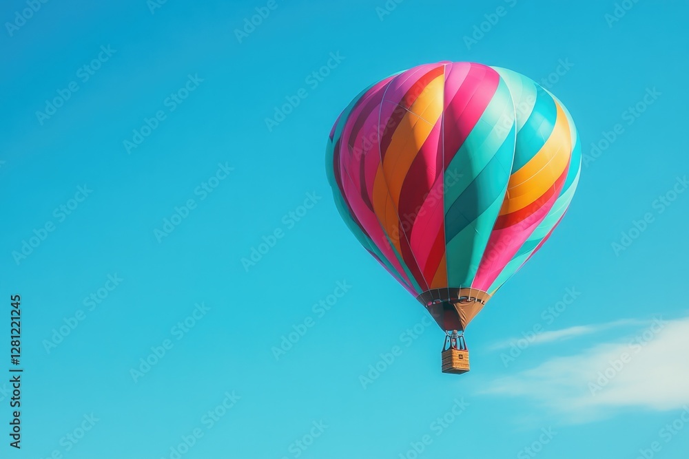 Naklejka premium colorful hot air balloon soaring against bright blue sky showcasing its vibrant patterns and textures
