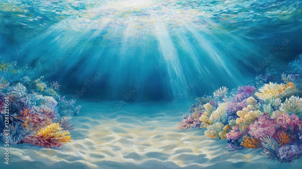 Naklejka premium Underwater scene with sunbeams, coral reefs, and sandy bottom.