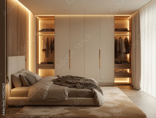 A modern bedroom with a wardrobe and cozy bed