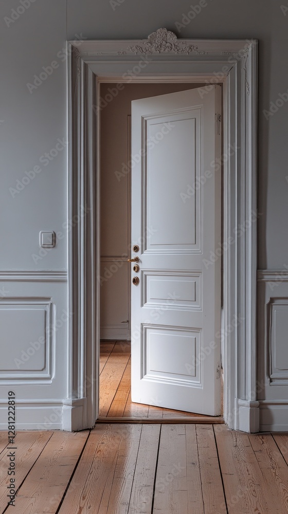 An open door grants a glimpse into a serene white room, showcasing elegant molding and warm wooden floors, evoking a sense of tranquility and curiosity An open door grants a glimpse into a serene white room, showcasing elegant molding and warm wooden floors, evoking a sense of tranquility and curiosity
