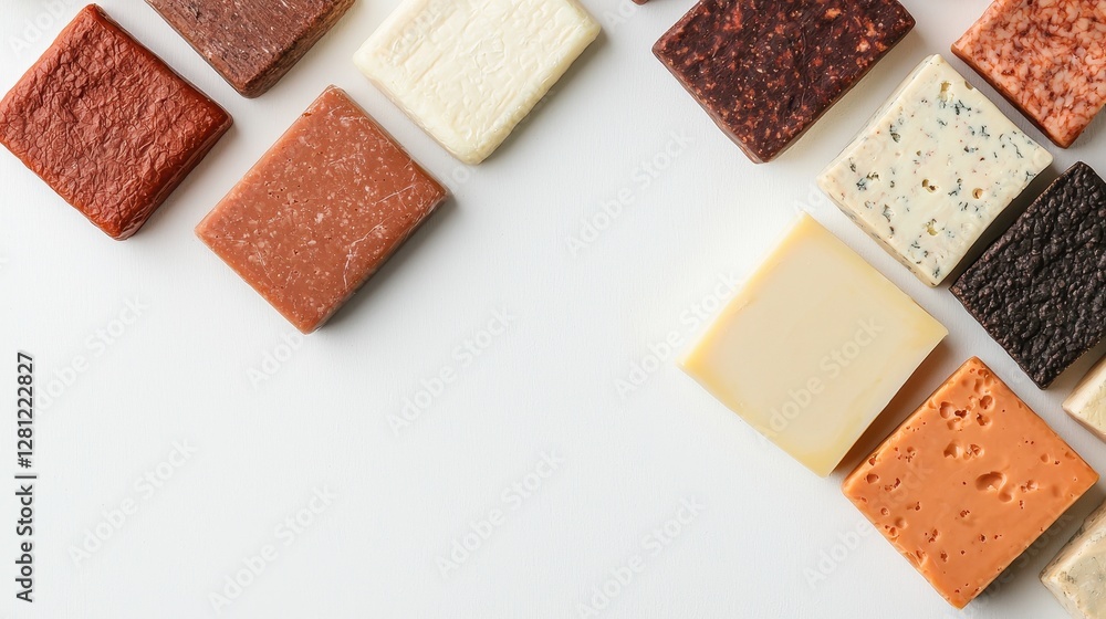 Fototapeta premium Colorful Assortment of Various Chocolate Squares on White Background