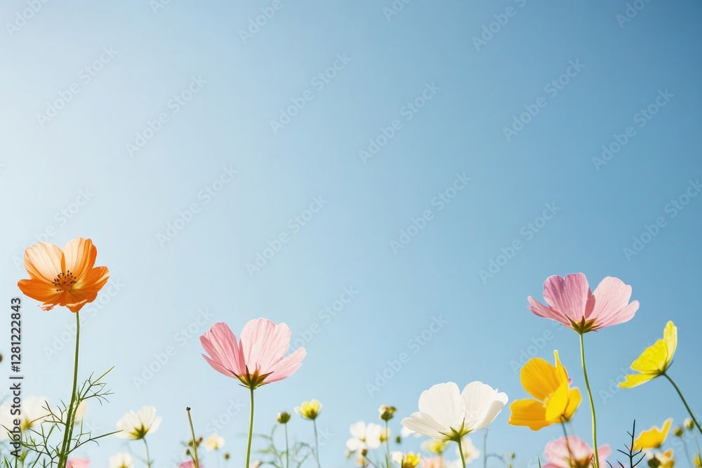 Obraz premium field awash with vibrant wildflowers basking under clear blue skies and gentle sunlight