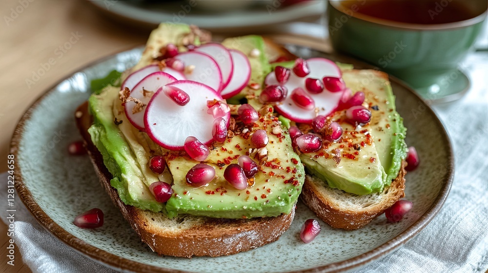 A delicate plate of avocado toast topped with pomegranate seeds A delicate plate of avocado toast topped with pomegranate seeds