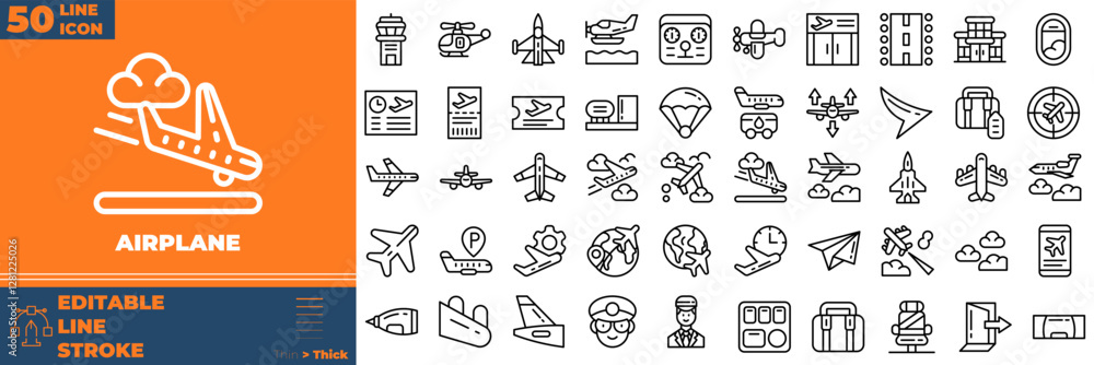 Naklejka premium Airplane Line Editable Icons set. Vector illustration in modern thin line style of airplane icons: transport, plane, airplane, etc