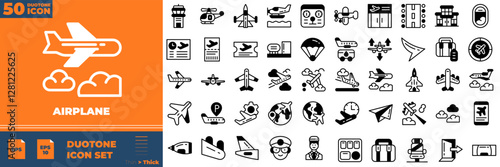 Airplane Duotone Editable Icons set. Vector illustration in modern thin duotone style of airplane icons: transport, plane, airplane, etc