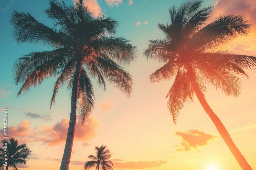 Vibrant Sunset Over Tropical Palm Trees with Colorful Sky and Gentle Clouds Vibrant Sunset Over Tropical Palm Trees with Colorful Sky and Gentle Clouds