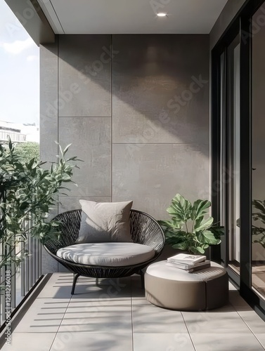 A modern balcony with a comfortable chair and plants
