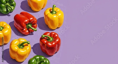 Colorful arrangement of red, yellow, and green bell peppers on purple background