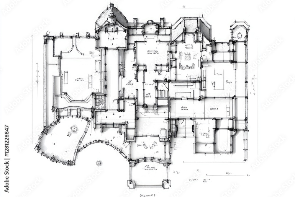 Fototapeta premium Classic medieval castle house plan with labeled rooms and dimensions