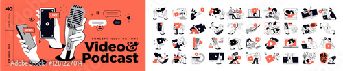 Video and podcast. Vector illustrations of multimedia, video, streaming, podcast, broadcasting, webinar, social media, shorts, communication, app.