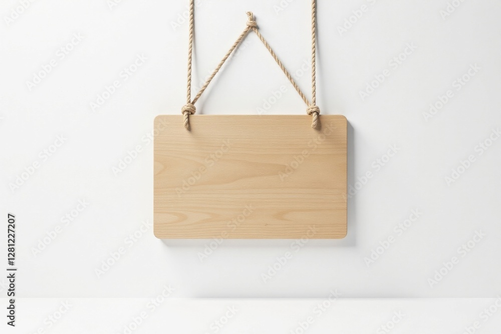 Blank Wooden Sign Hanging on Simple Rope Against a White Wall Blank Wooden Sign Hanging on Simple Rope Against a White Wall