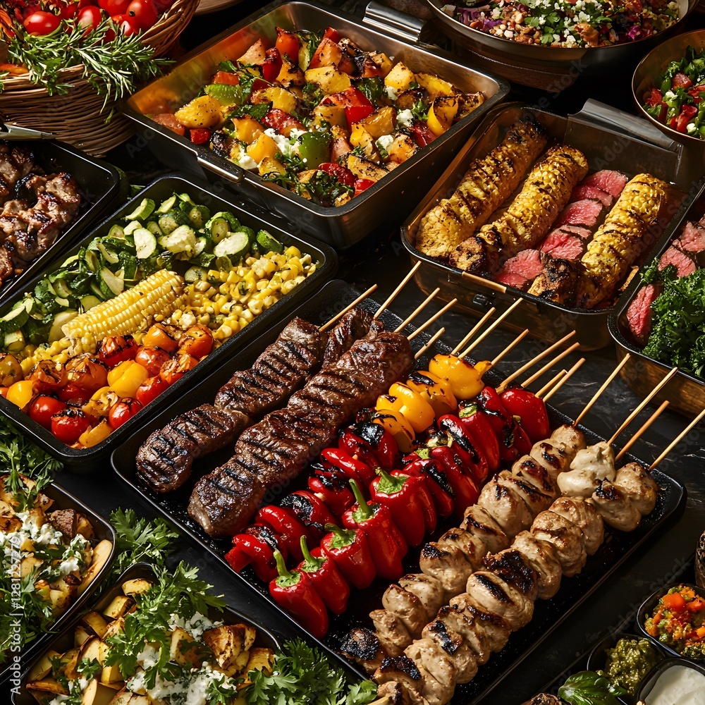 Obraz premium A luxurious buffet spread in a high-end hotel restaurant, featuring a variety of perfectly grilled meats.