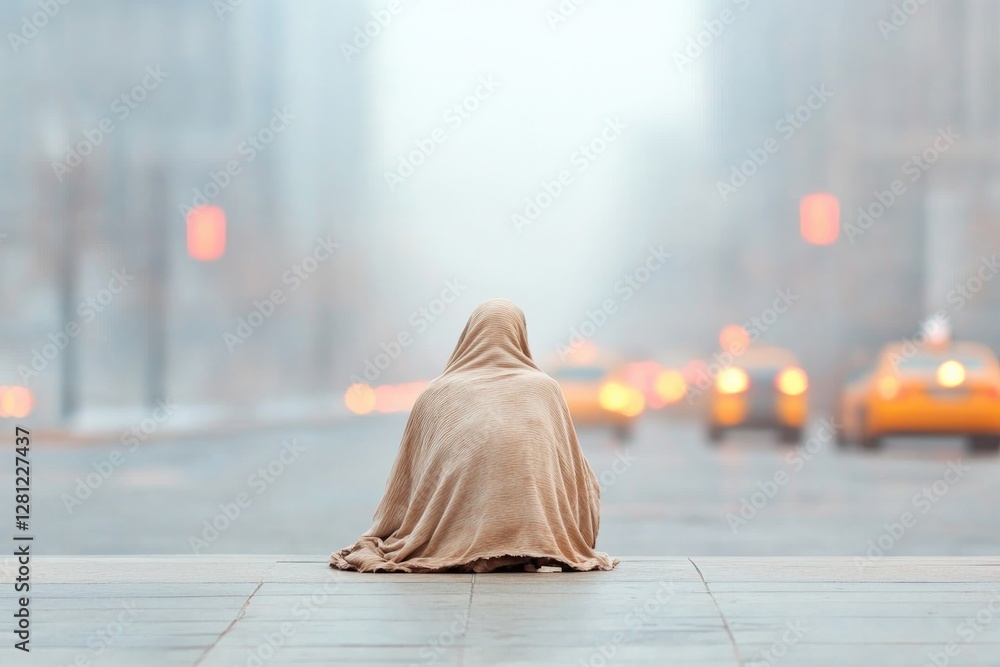 Obraz premium solitary figure wrapped in worn-out blanket sits on edge of bustling city sidewalk