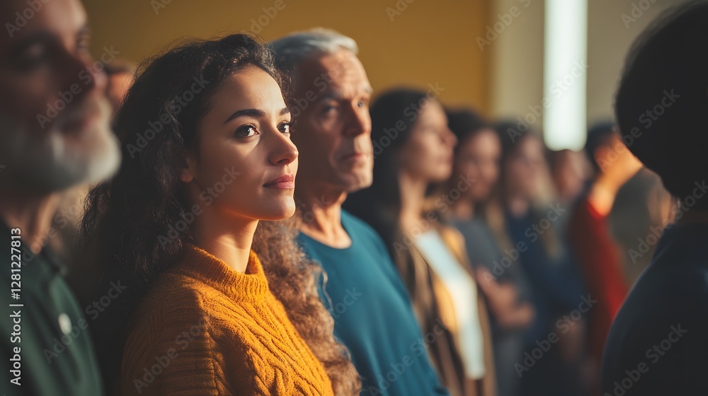 Obraz premium A diverse group of people standing in a line, showcasing a range of emotions. The close-up focus on one individual highlights expression and connection within a social setting.