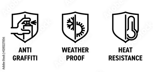 Anti-graffiti, Weather proof, Heat resistance - icons set in bold line