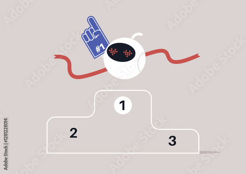 A playful robot proudly stands on the first place pedestal, brandishing a foam finger while confetti rains down, embodying the thrill of triumph in a lively atmosphere