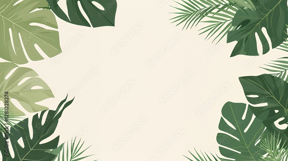 Fototapeta premium Tropical Green Leaves Frame on Beige Background