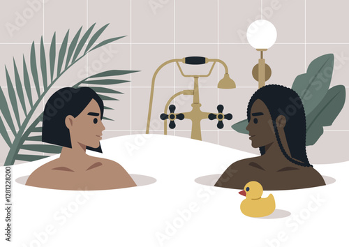 Two lovers sit in a warm, bubbly bathtub, gazing into each other's eyes, surrounded by tropical plants and a cheerful rubber duck, creating an atmosphere of intimacy and joy