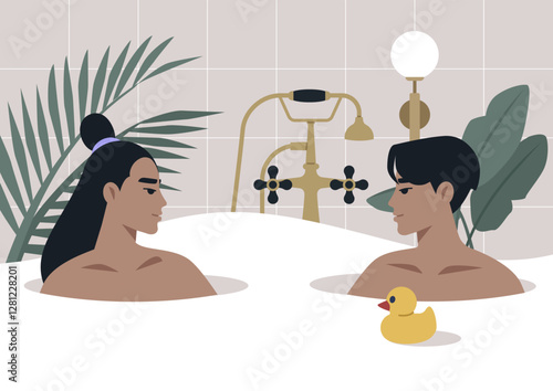 Two lovers sit in a warm, bubbly bathtub, gazing into each other's eyes, surrounded by tropical plants and a cheerful rubber duck, creating an atmosphere of intimacy and joy