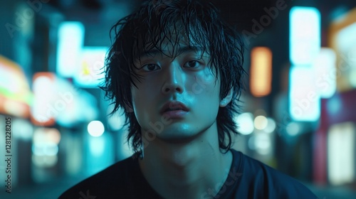 Cinematic portrait of a young japanese man with wet hair and a cut on his face at night in a cyberpunk city with neon lights