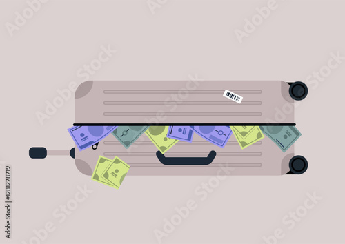 A suitcase packed with stacks of currency sits against a muted backdrop, evoking curiosity about its contents and the story behind this unexpected treasure trove