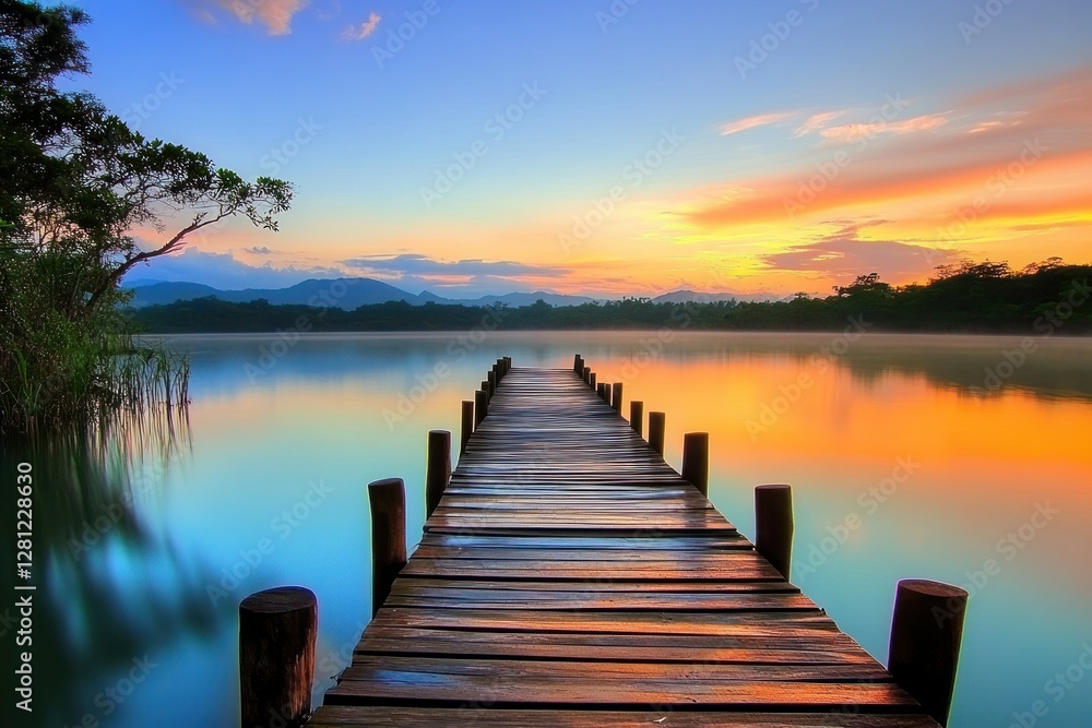 Serene Sunset Over Calm Lake with Wooden Pier Surrounded by Lush Greenery and Mountains Serene Sunset Over Calm Lake with Wooden Pier Surrounded by Lush Greenery and Mountains
