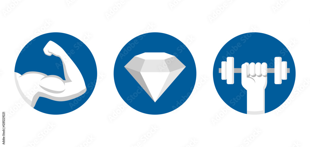 Hardness and strength icons set in circular shape Hardness and strength icons set in circular shape