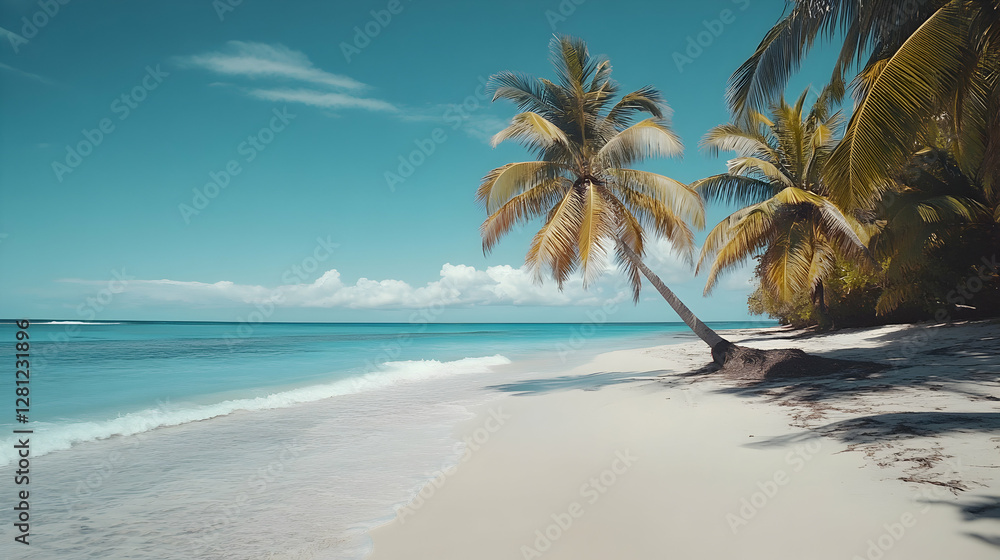 Idyllic tropical beach paradise with turquoise water and leaning palm trees Idyllic tropical beach paradise with turquoise water and leaning palm trees
