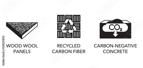  Wood wool panels, Recycled carbon fiber, Carbon-negative concrete. Logos in monochrome style