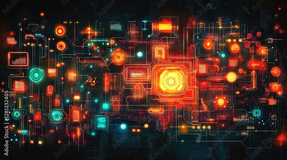 Obraz premium Technology-based abstract design with neon glowing symbols, circuit patterns, and digital elements 