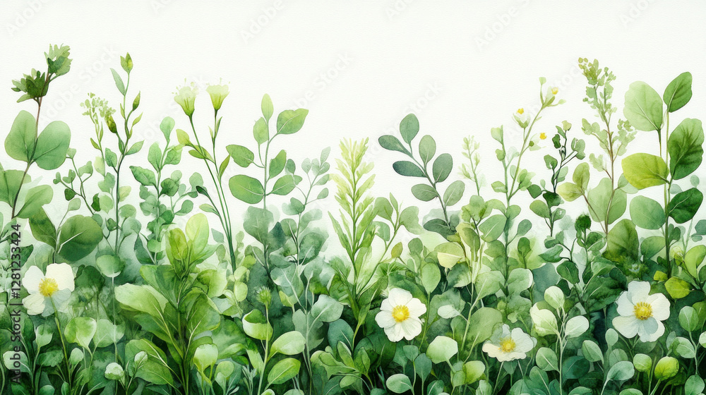 Fototapeta premium Fresh wallpaper showcasing hand-drawn herbs and flowers in muted greens on a crisp white background