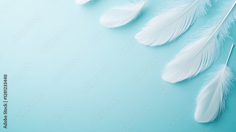 Naklejka premium elegant arrangement of ethereal feathers drifting across serene monochromatic background with abundant copy space