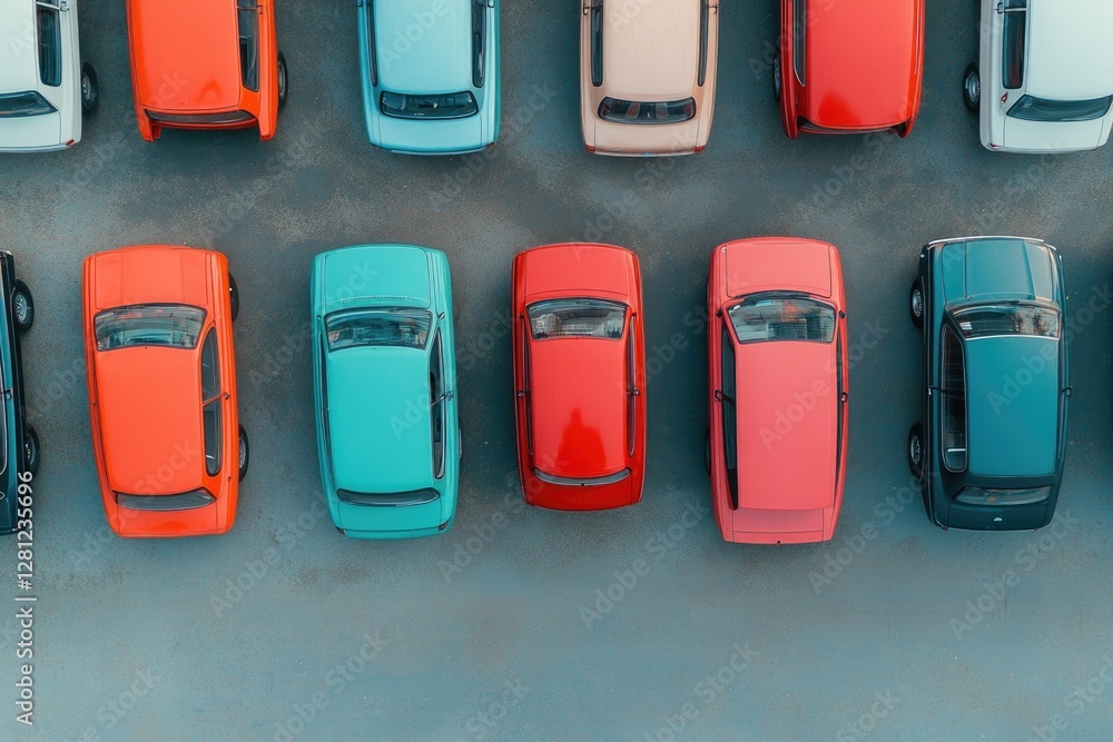 car-sharing lot featuring variety of vehicles neatly arranged captured from above with clear organization and ample car-sharing lot featuring variety of vehicles neatly arranged captured from above with clear organization and ample
