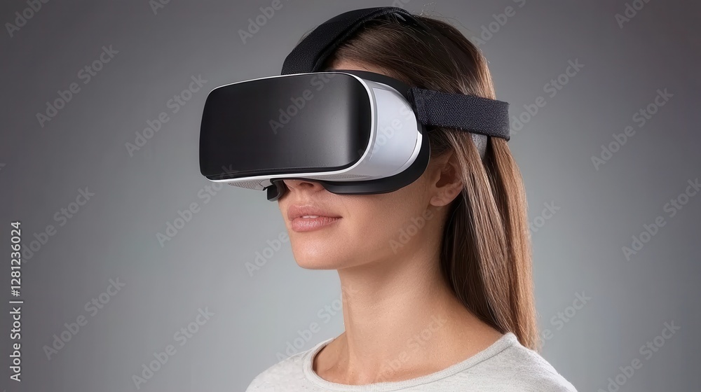 Woman Engaging with Virtual Reality Headset Technology in Studio Woman Engaging with Virtual Reality Headset Technology in Studio