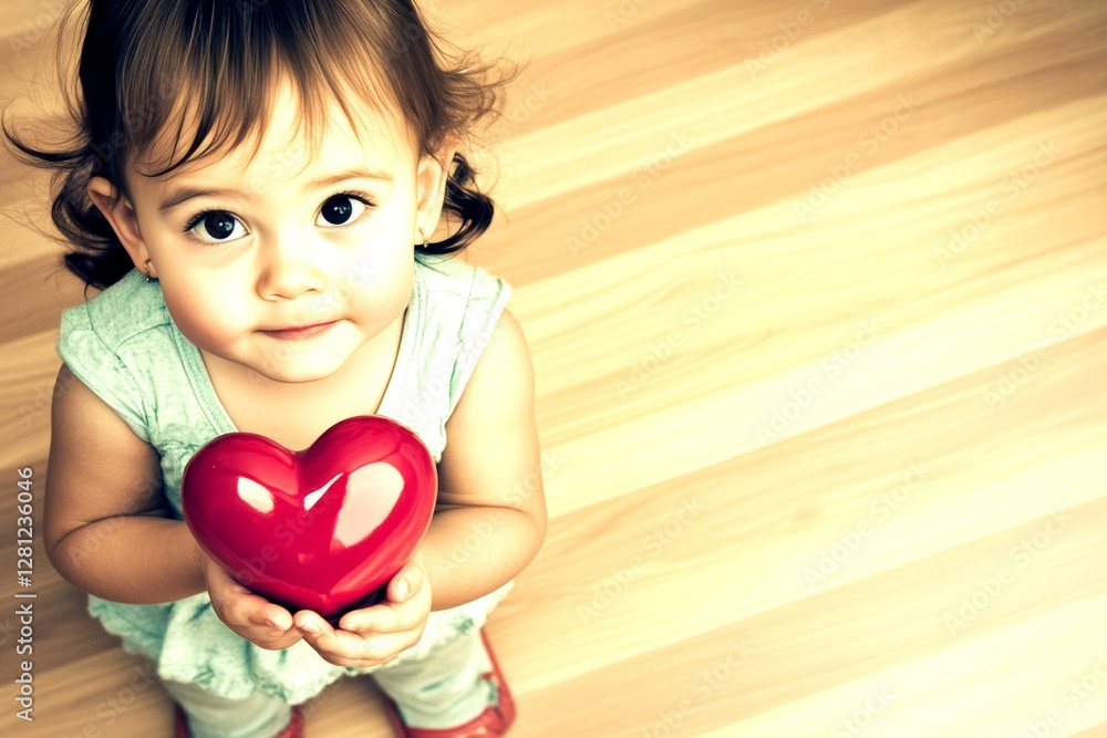 Commercial ad idea creative design idea. Сhildren valentine's day greeting card: toddler girl with happy face holds red heart in hands. Sign of love. Family-friendly valentine's scene. Commercial ad idea creative design idea. Сhildren valentine's day greeting card: toddler girl with happy face holds red heart in hands. Sign of love. Family-friendly valentine's scene.