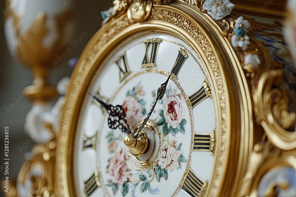 Close - up of a Rococo Revival - style clock with gold trim, floral engravings, and a porcelain face Close - up of a Rococo Revival - style clock with gold trim, floral engravings, and a porcelain face