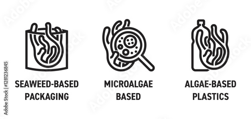 Seaweed, Microalgae or Algae based plastics and packaging,. Icons in bold line photo