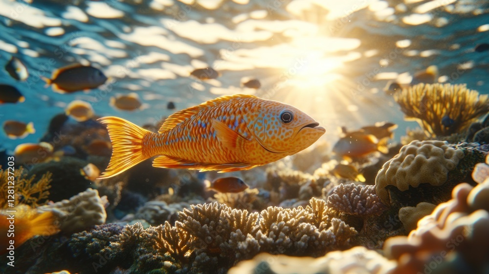 Fototapeta premium Coral reef fish swims near sunrise