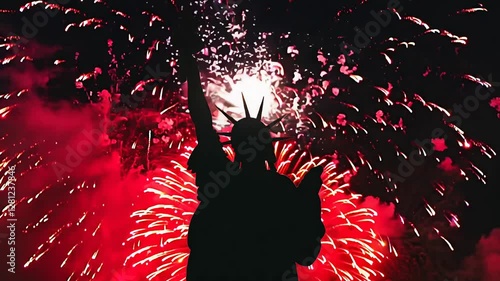 4k video footage of silhouette of the Statue of Liberty against a vibrant, colorful fireworks display in the night sky.
