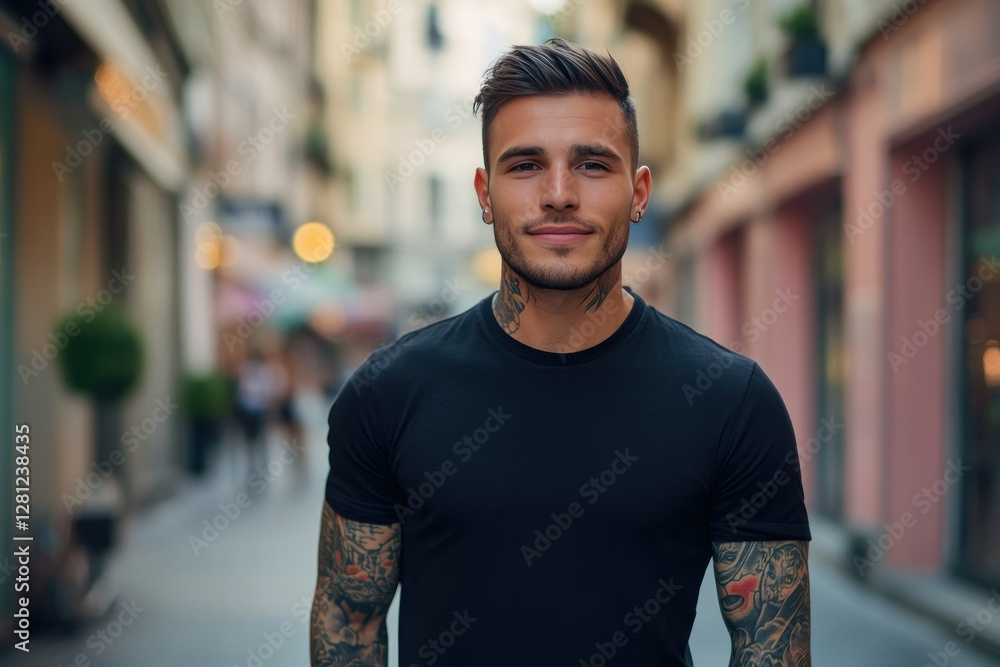 Fototapeta premium Smiling young man with tattoos standing in an urban street setting with blurred background