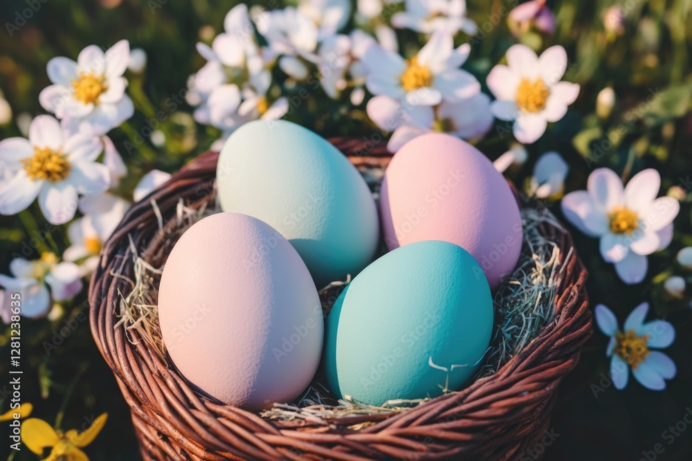 colorful easter setup with painted eggs in wicker basket surrounded by spring flowers in fresh bloom colorful easter setup with painted eggs in wicker basket surrounded by spring flowers in fresh bloom